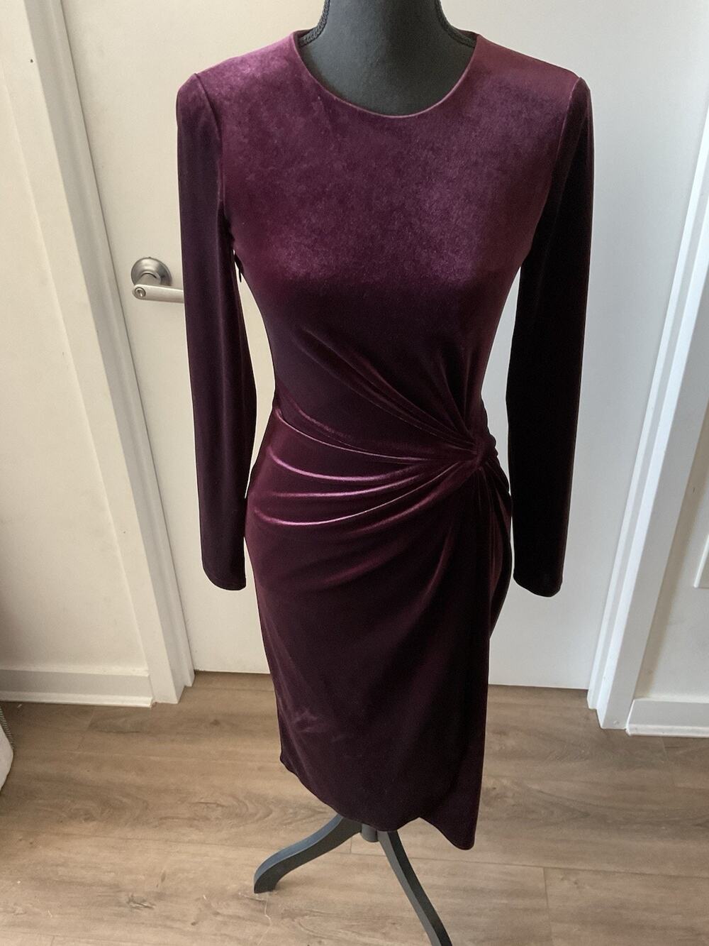 Antonio Melani Velvet Faux Wrap Midi Dress Burgundy Plum Long Sleeve Ruched
